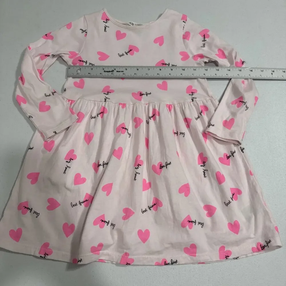 H&M Girls Dress Pink Heart Print Round Neck Long Sleeve Size 4-6 Summer casual